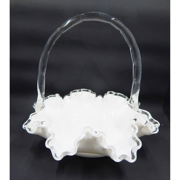 Fenton Silver Crest Milk Glass Basket Ruffled Handle White Clear - Picture 4 of 10